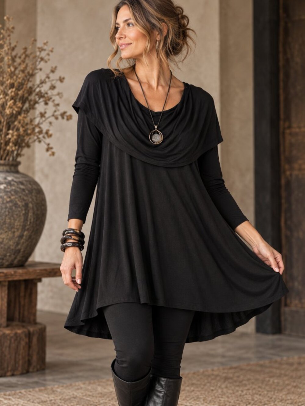Black Draped Cowl Neck Swing Tunic Dress Top M / Hi Lo Lagenlook Artsy Boho EUC